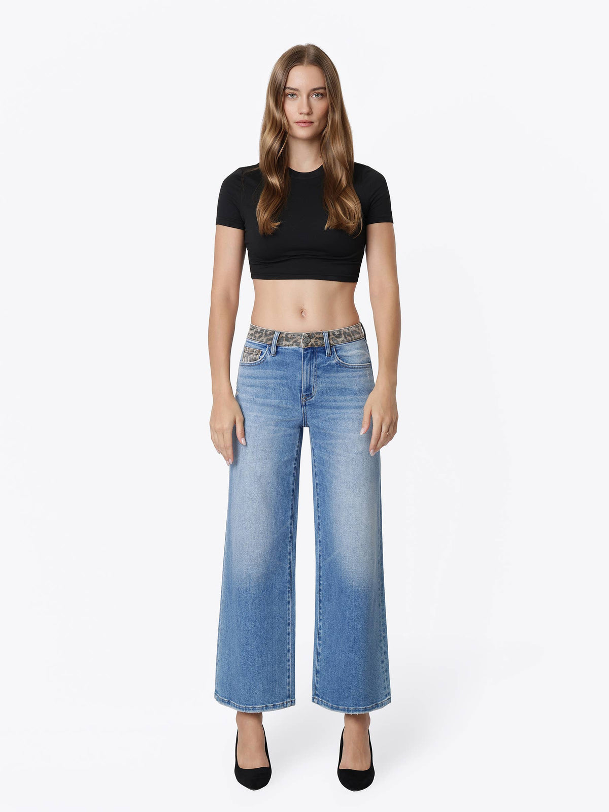 HIGH RISE LEOPARD PRINT WAISTBAND ANKLE WIDE JEANS T7630LPD