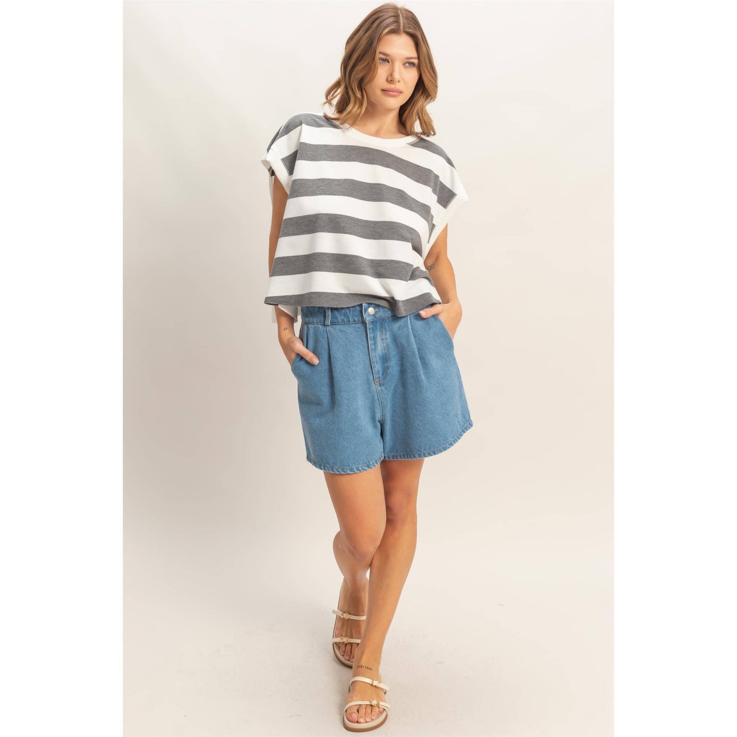Striped open backCrew Neck Top