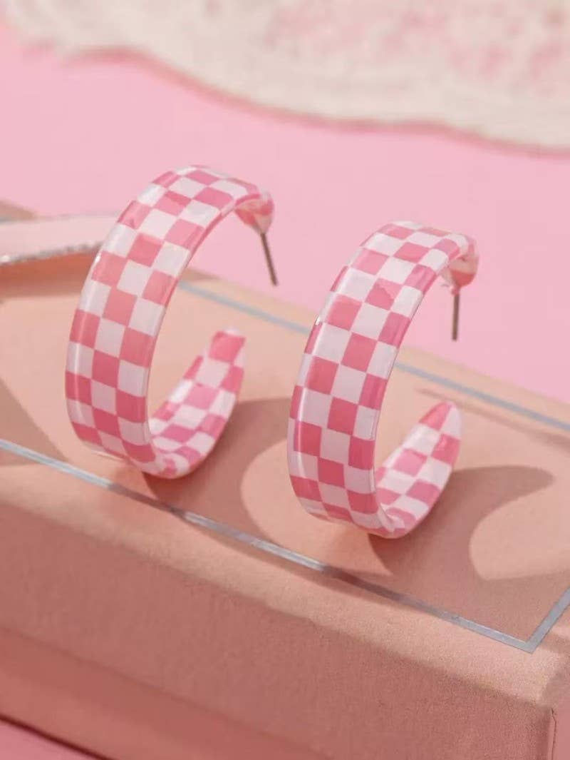Retro Checkered Resin Hoop Earrings | 40E480