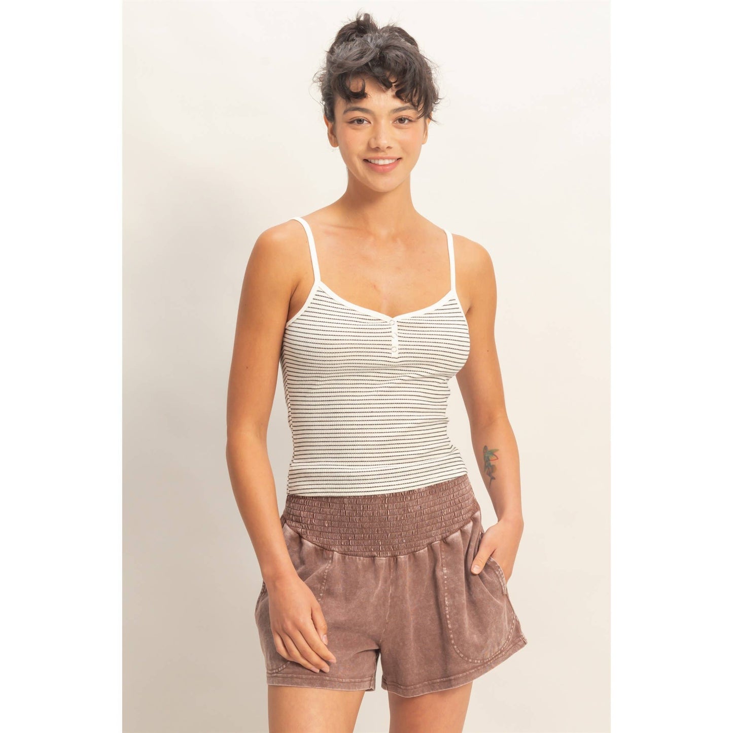Striped Snap-Button Henley Cami Top