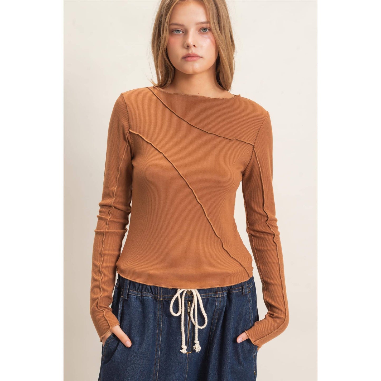 Ruffled Ribbed Long Sleeve Top