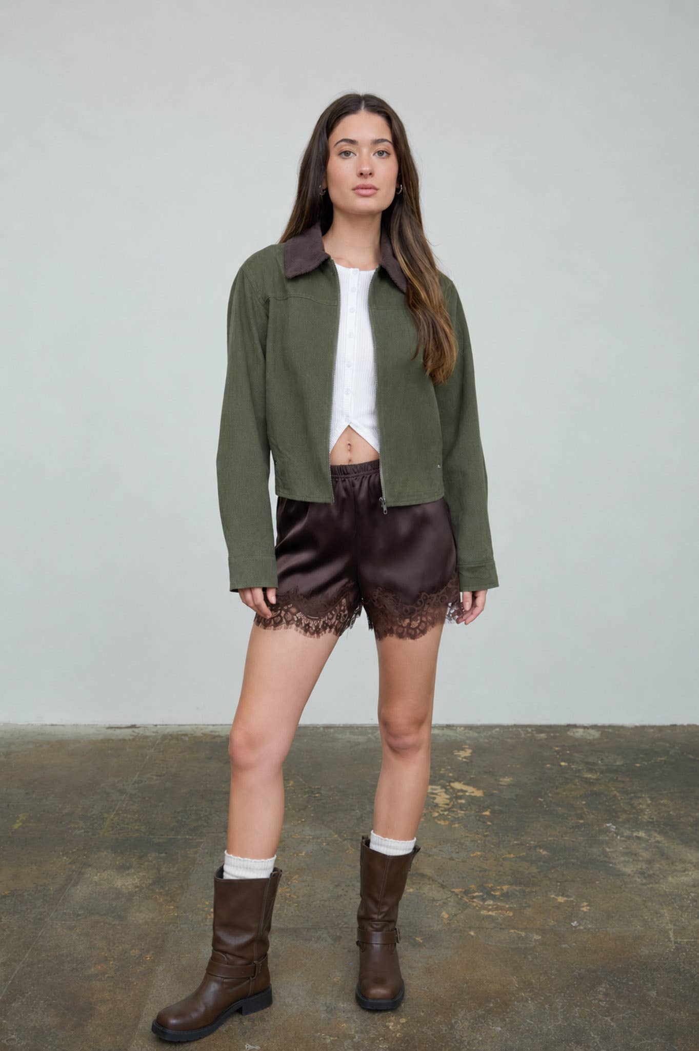 CONTRAST CORDUROY COLLAR ZIP-UP JACKET