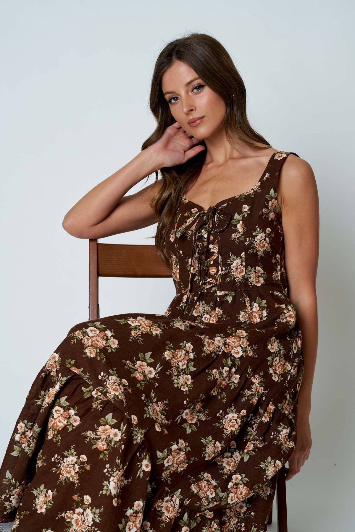 (PRE-ORDER)FLORAL FRONT LACE UP CORSET SLEEVELESS MIDI DRESS