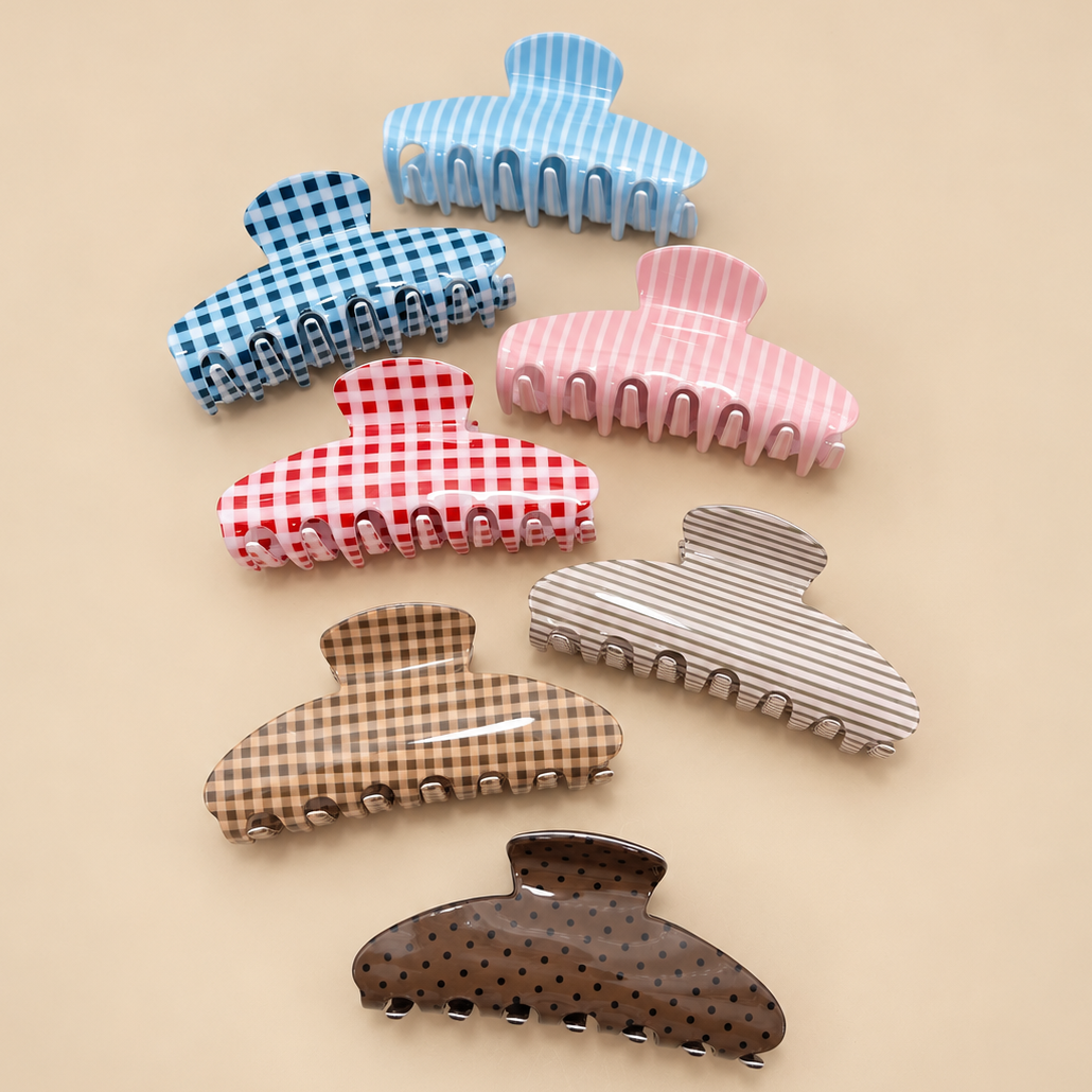 JUMBO STRIPE PLAID OVAL HAIR CLAW CLIPS