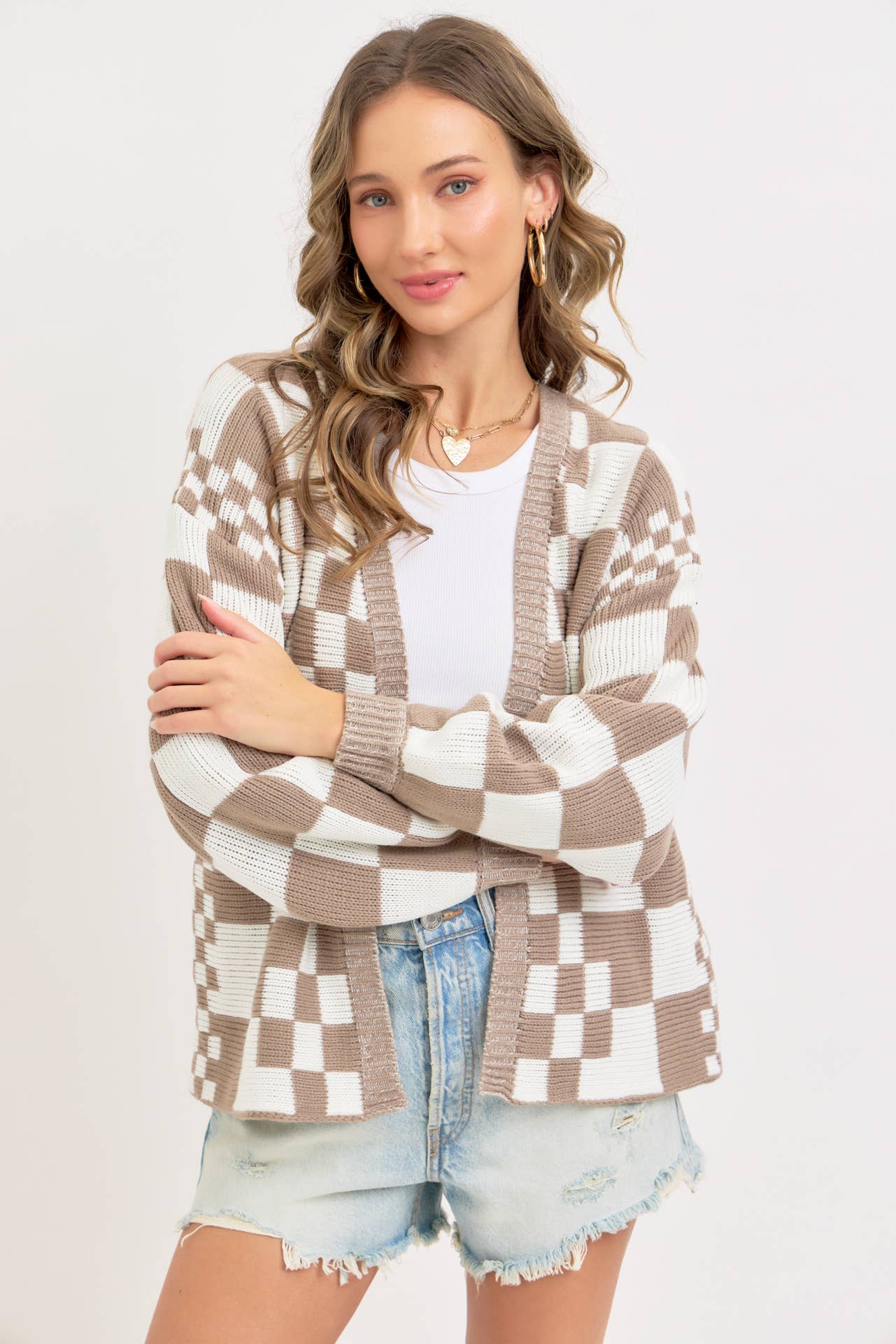 MIXED CHECKERED KNIT OPEN FRONT CARDIGAN