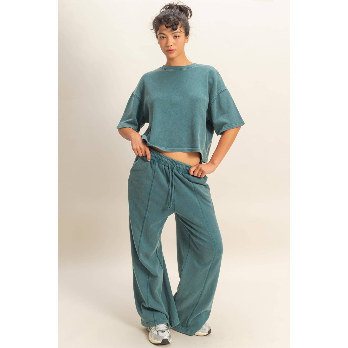 Acid Wash French Terry Wide-Leg Pants