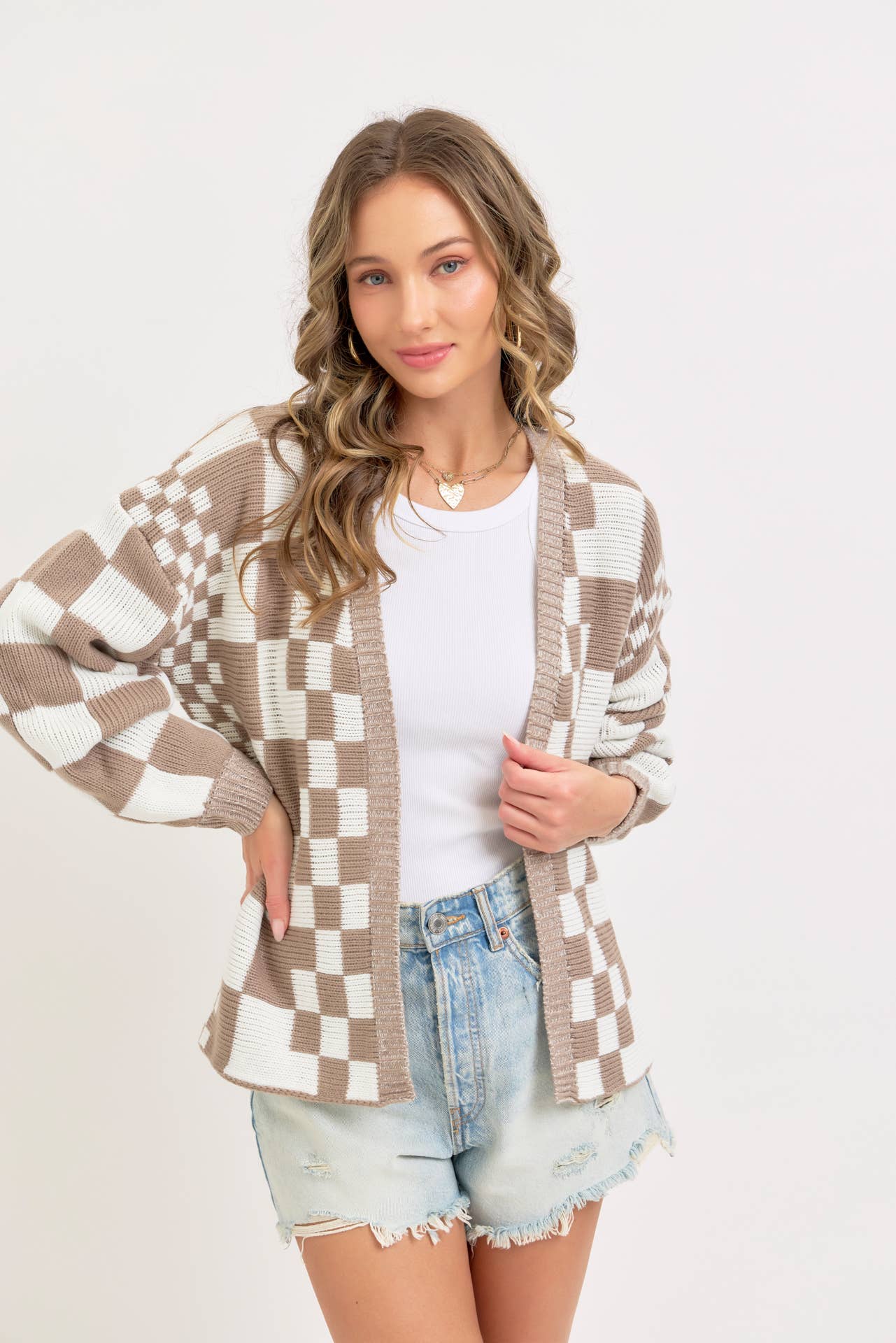 MIXED CHECKERED KNIT OPEN FRONT CARDIGAN