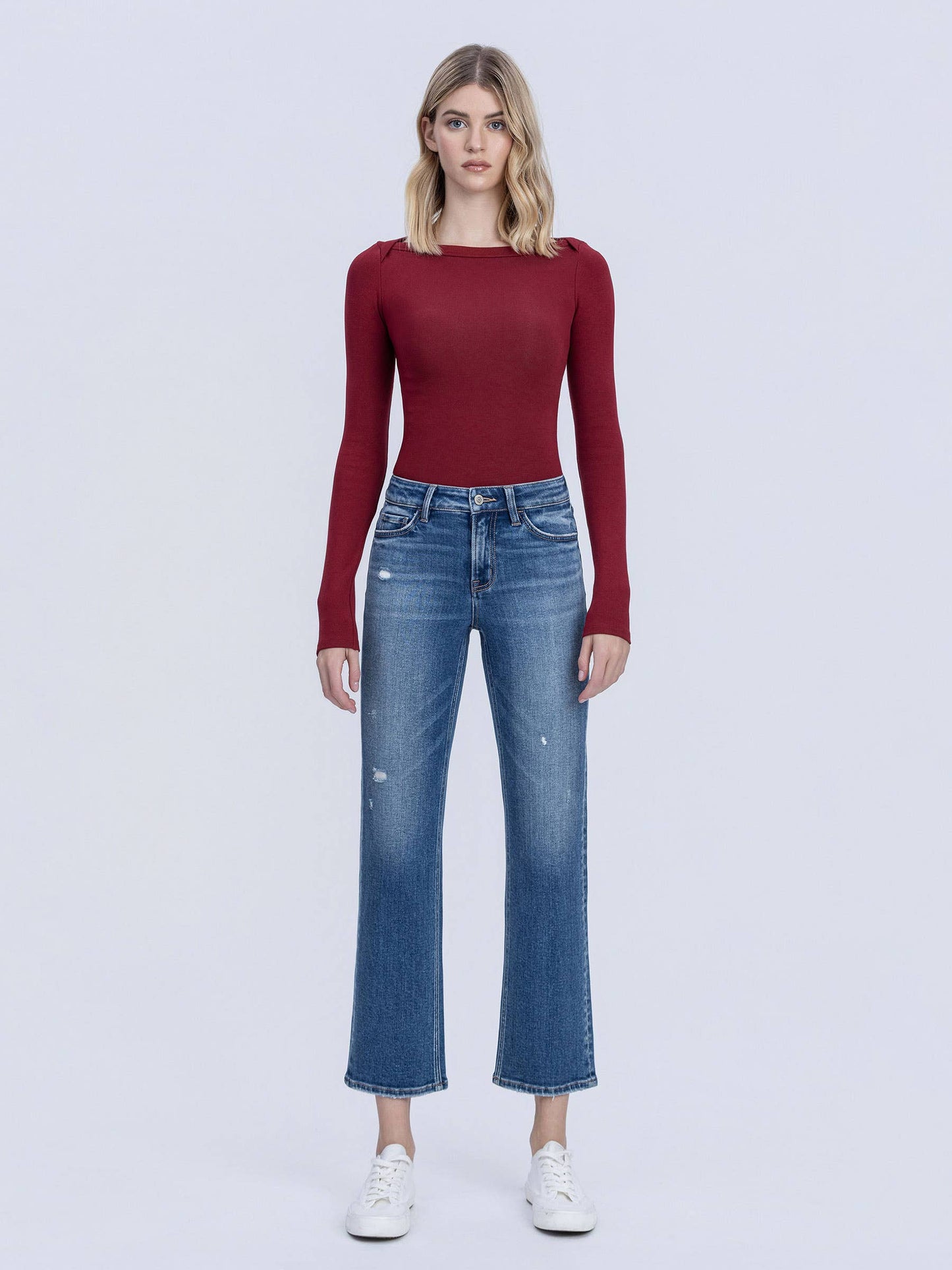 CARLY MID RISE MEDIUM DARK WASH ANKLE STRAIGHT JEANS T7242