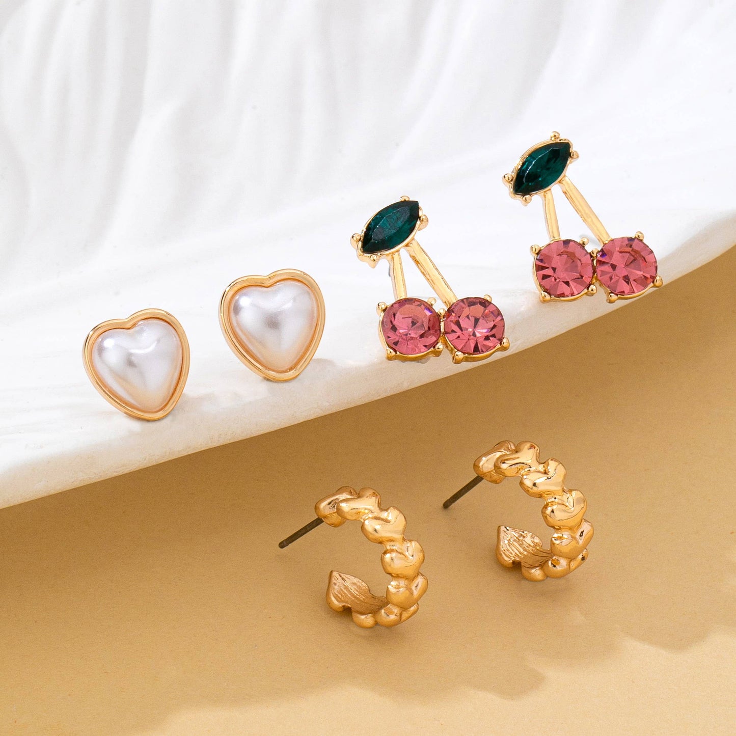 Trio Heart, Huggie, and Cherry Earring Set | 80E62473