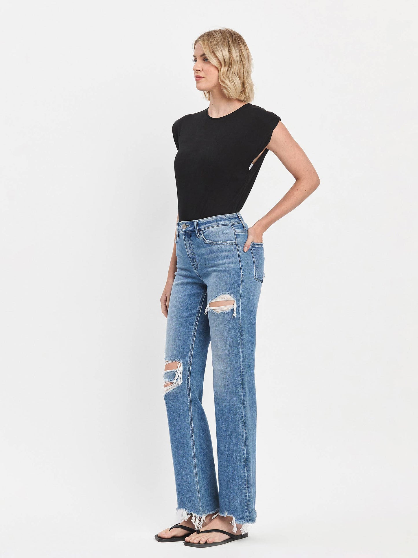ALIYAH HIGH RISE MEDIUM WASH DISTRESSED SLIM WIDE JEANS