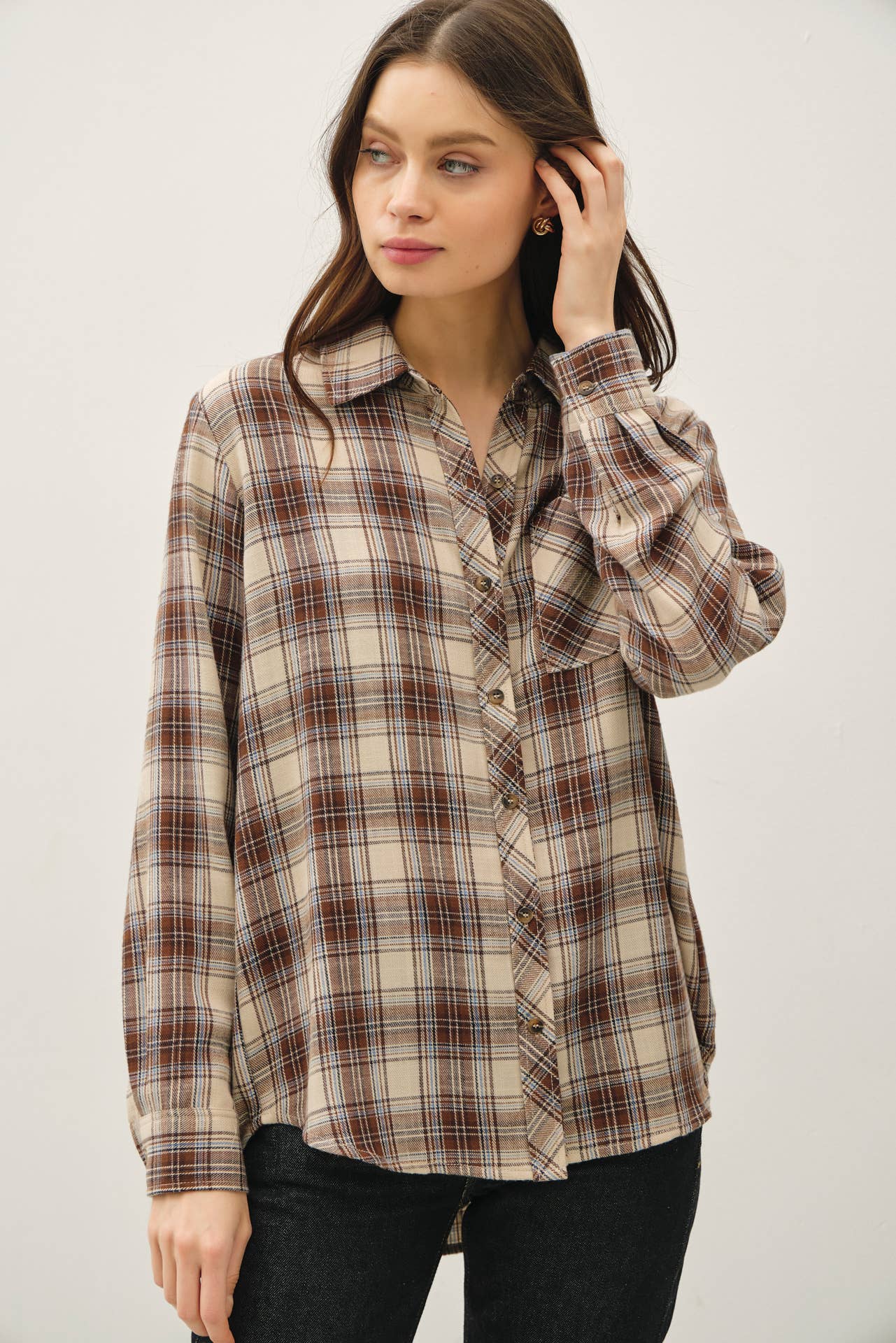 BROWNY PLAID FLANNEL BUTTON UP LONG SLEEVE SHIRT