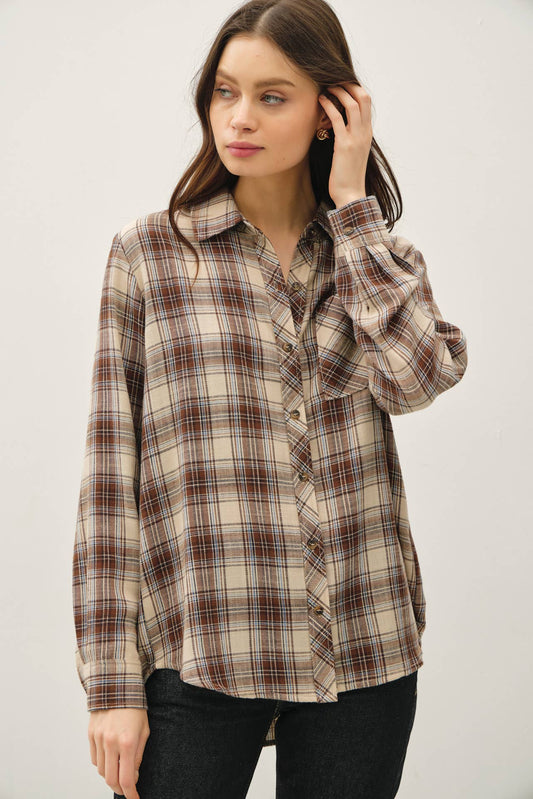 BROWNY PLAID FLANNEL BUTTON UP LONG SLEEVE SHIRT