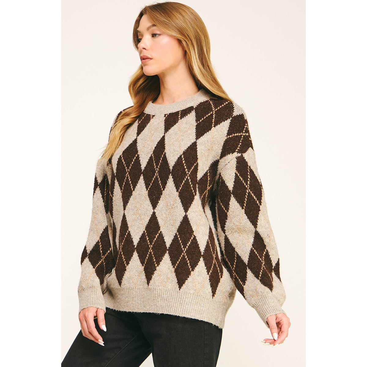 CHECKERED CREW NECK LONG SLEEVE PULLOVER SWEATER