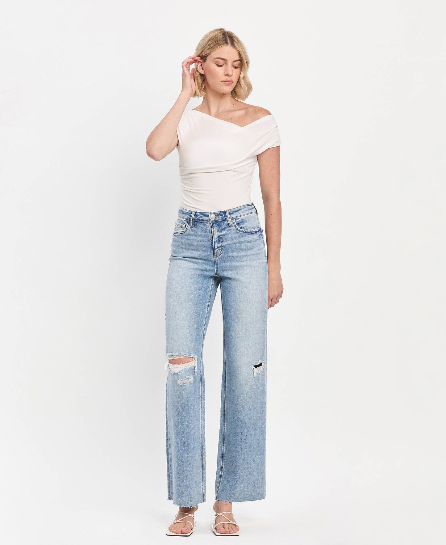 SADIE HIGH RISE RAW HEM WIDE LEG JEANS