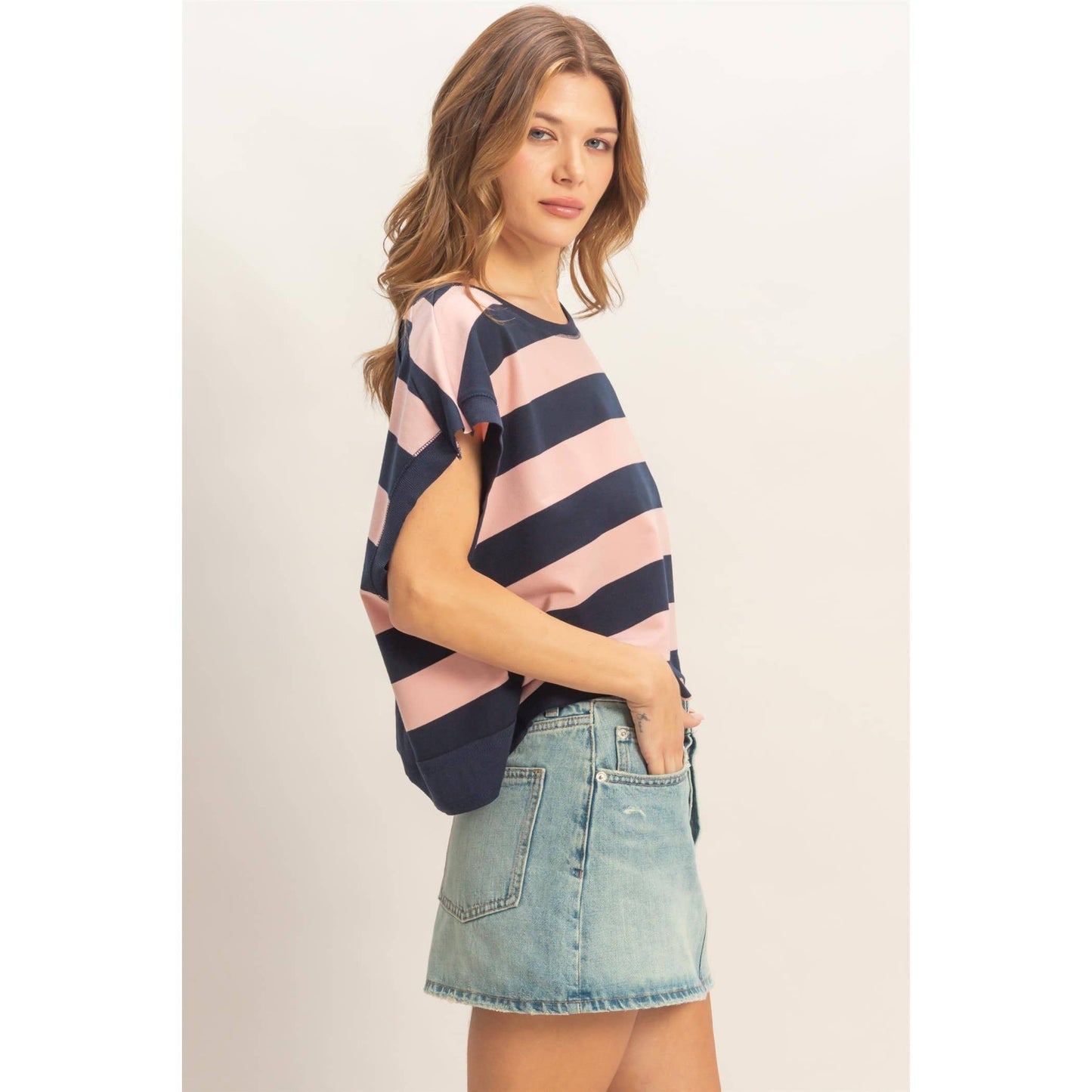 Striped open backCrew Neck Top