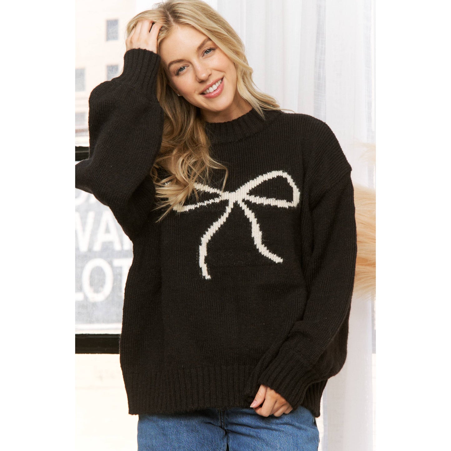BIG BOW CONTRAST JAQUARD SWEATER PULLOVER