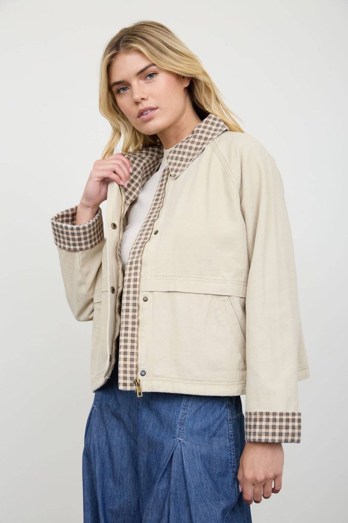 GINGHAM CONTRAST SNAP BUTTON JACKET