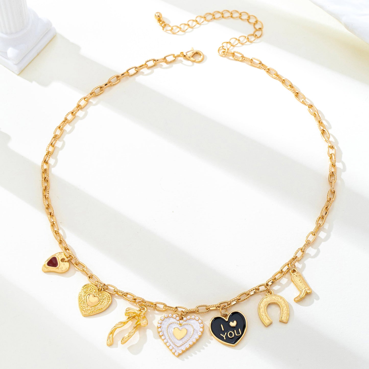 Heart Bow Boot Multi Charm Chain Necklace | 80N93190