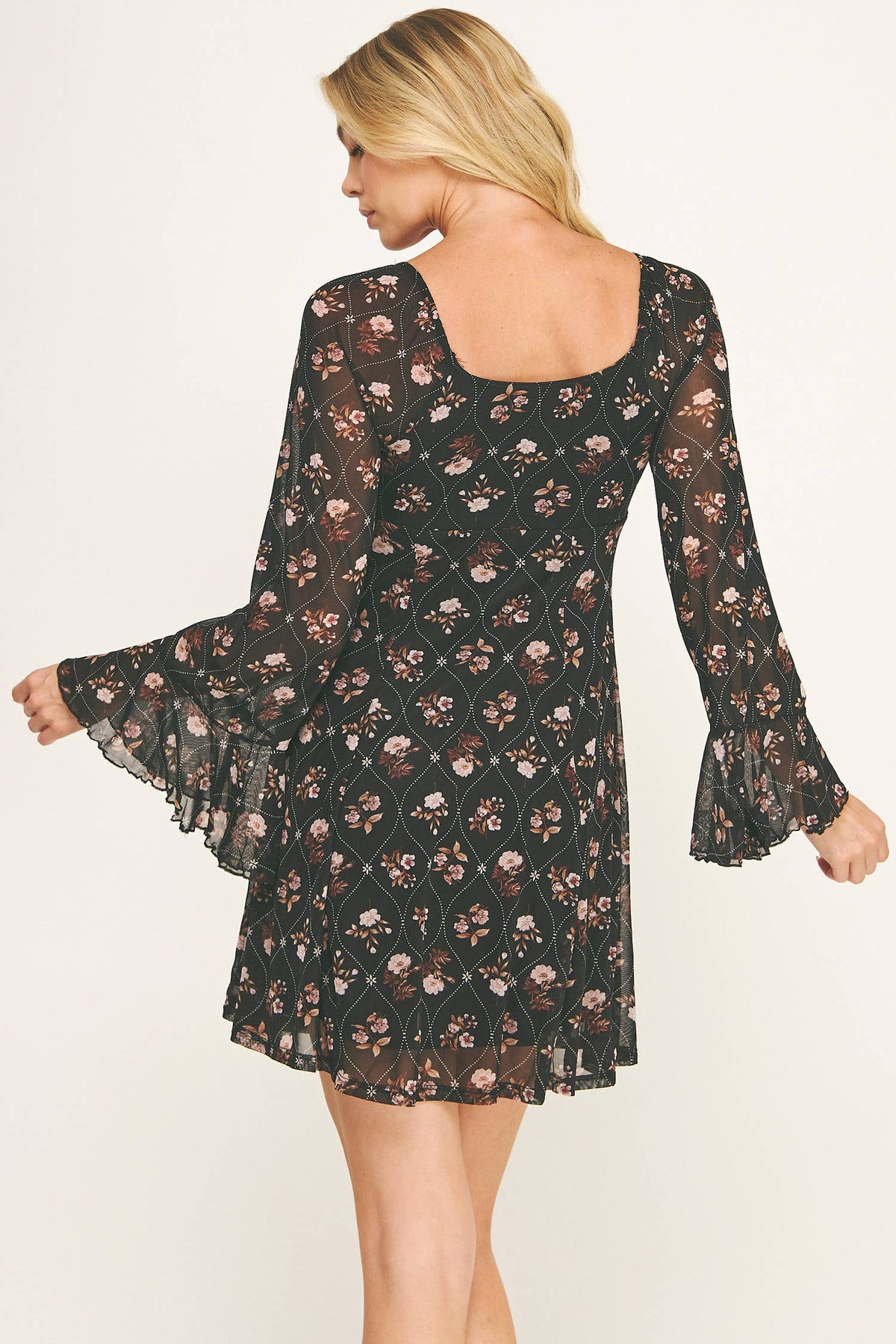 FLORAL MESH BELL SLEEVE FIT & FLARE DRESS