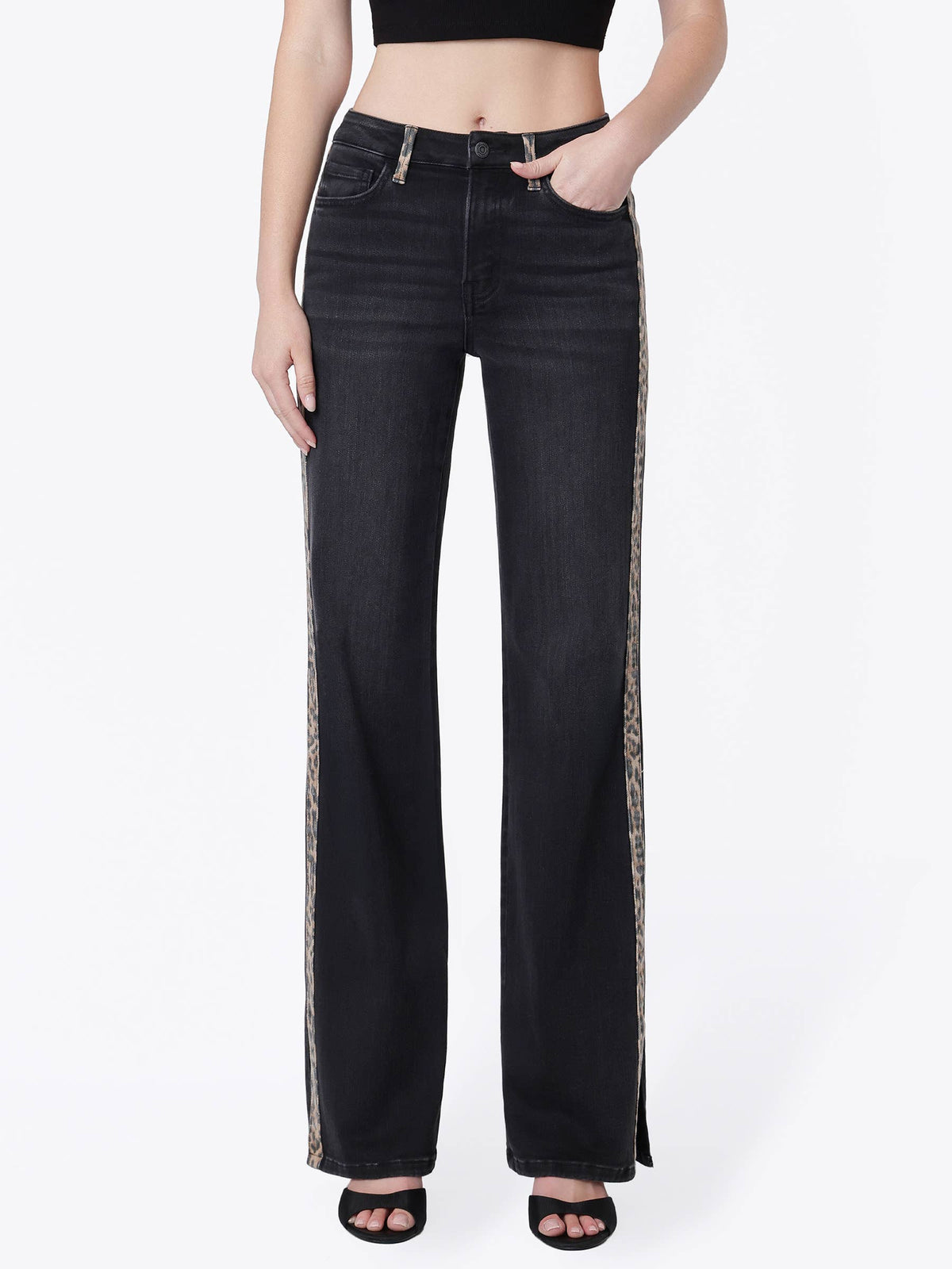 HIGH RISE SIDE LEOPARD STRIP VINTAGE FLARE JEANS T7595BKD