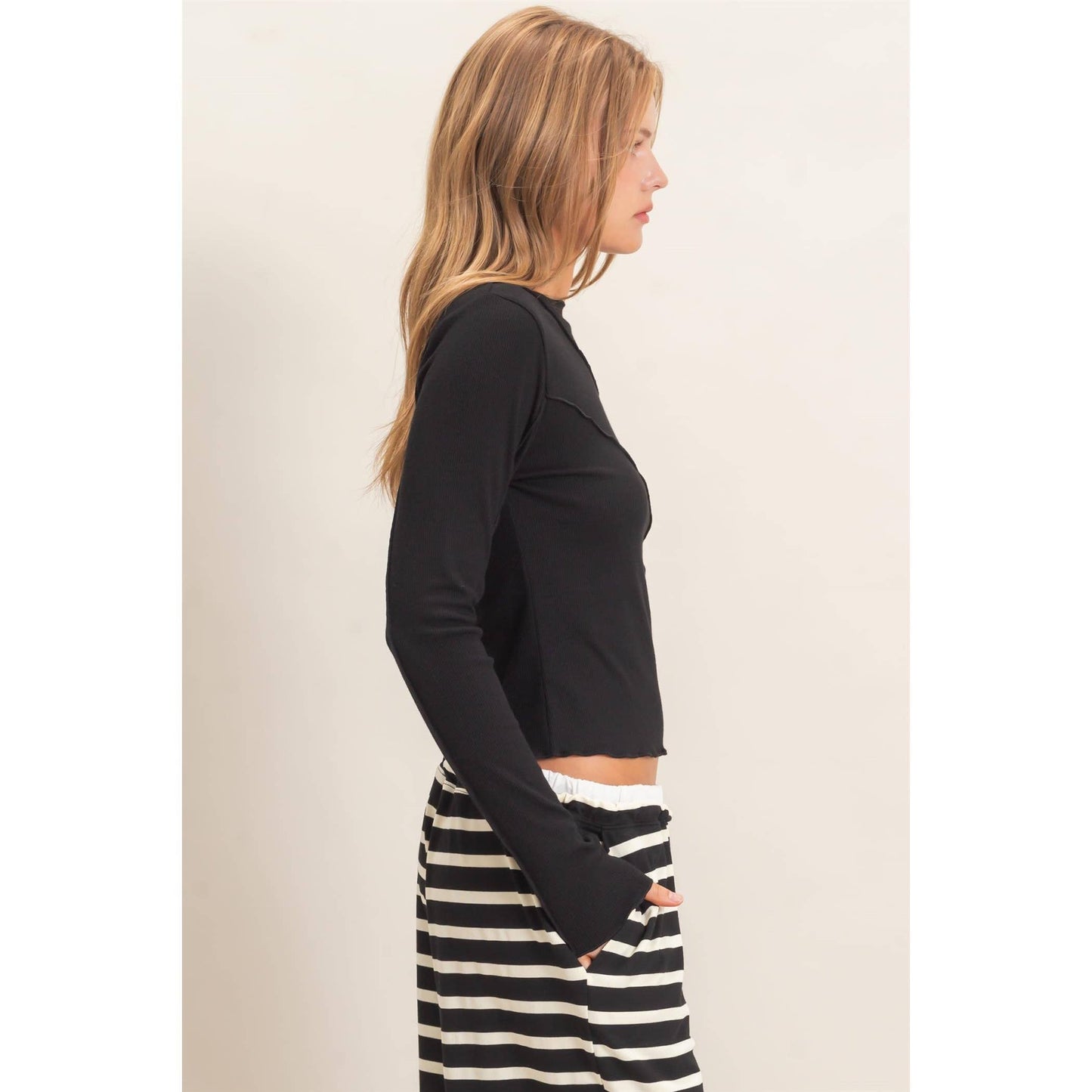 Ruffled Ribbed Long Sleeve Top