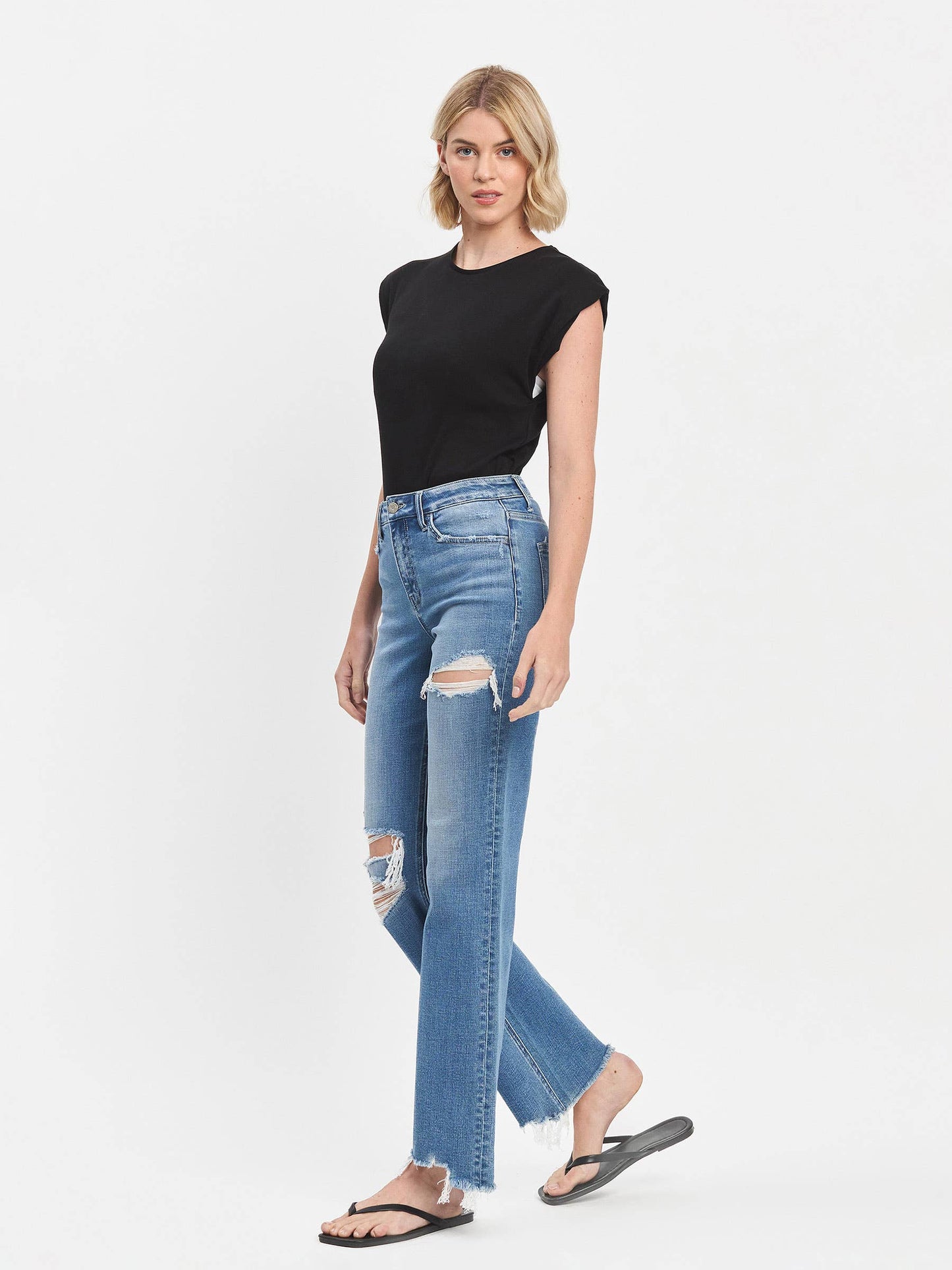 ALIYAH HIGH RISE MEDIUM WASH DISTRESSED SLIM WIDE JEANS