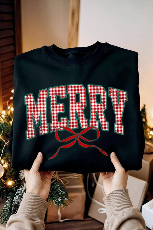 Plaid Merry Christmas Bow Graphic Sweatshirt
