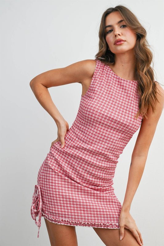 Red check mini dress