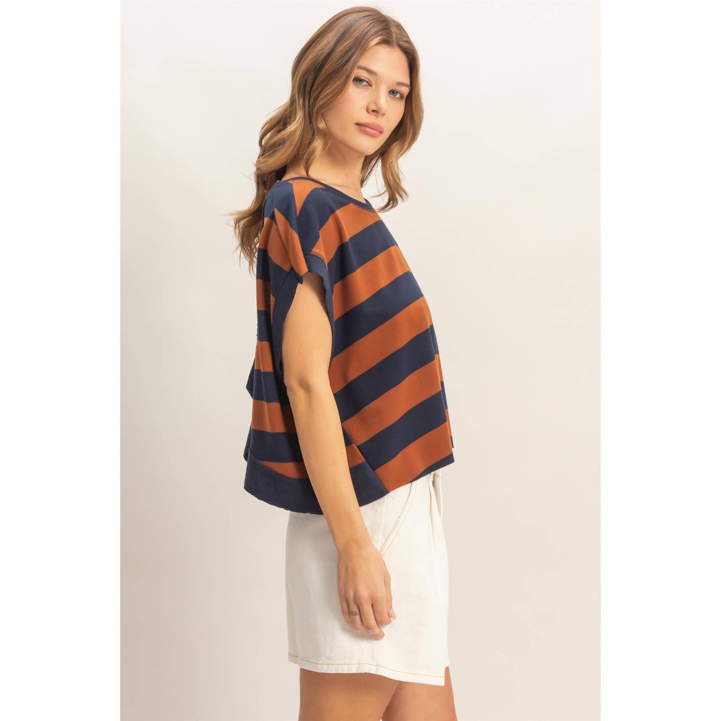 Striped open backCrew Neck Top