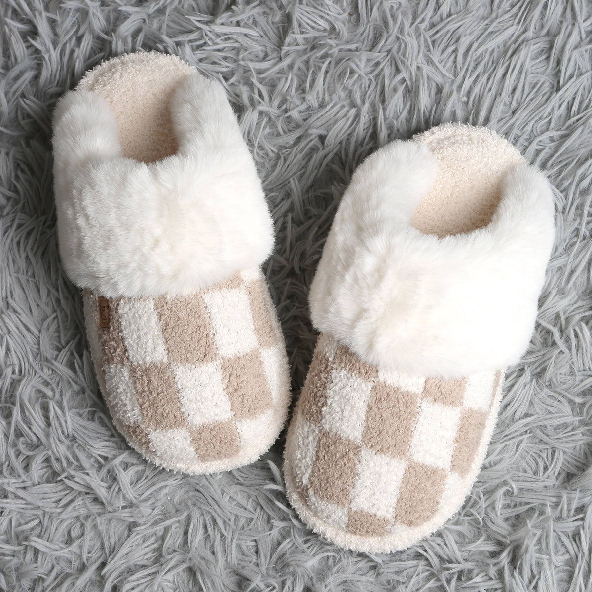 Checkered Faux Fur Cuff Mule Winter Slippers