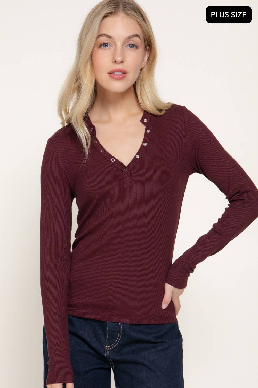 [PLUS SIZE] Long Sleeve Henley Neck Ribbed Top