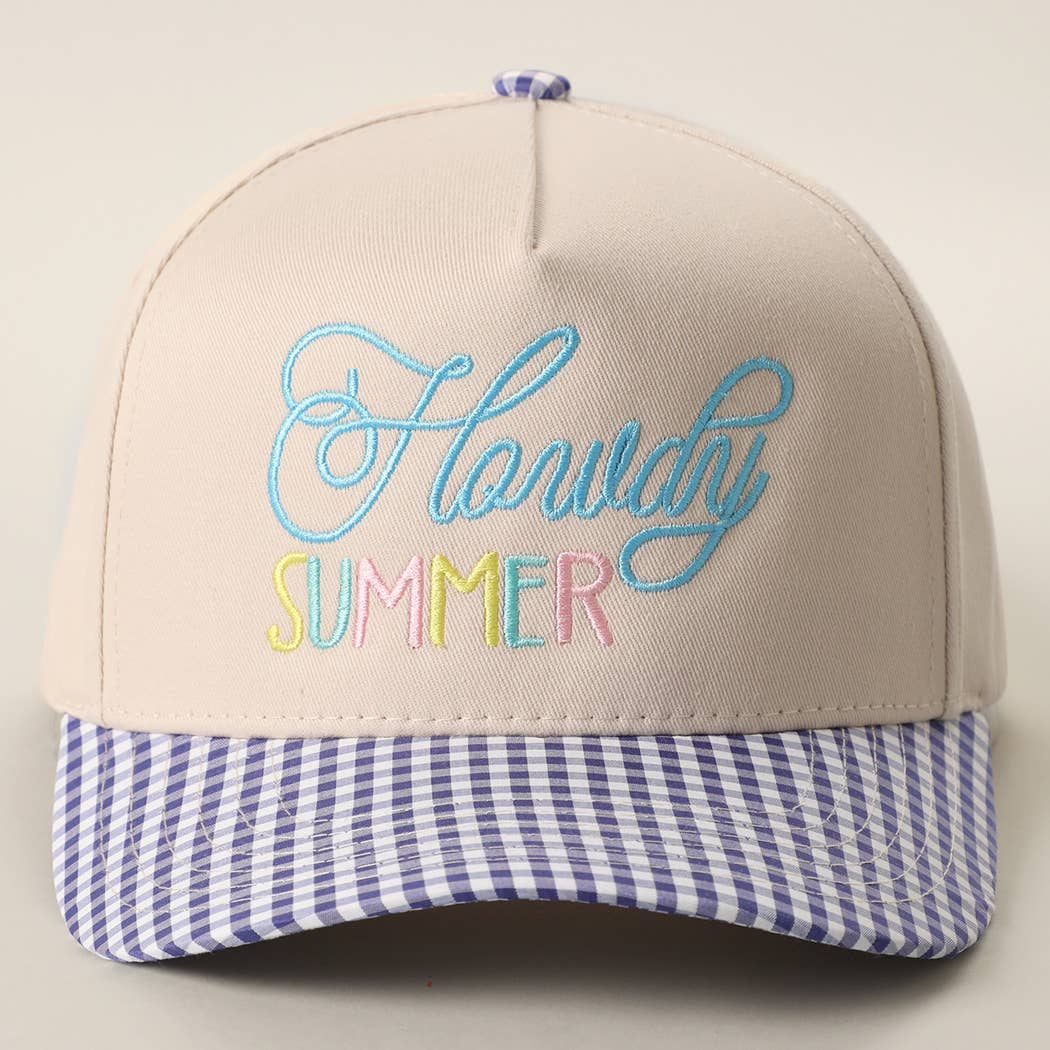Howdy Summer Embroidered Gingham Brim Trucker Hat