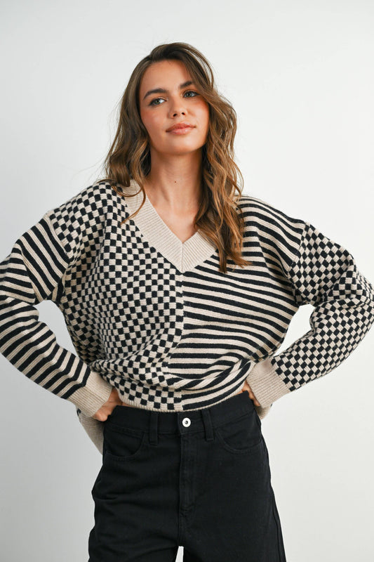 Frenchy Checker Pattern Drop Shoulder Sweater