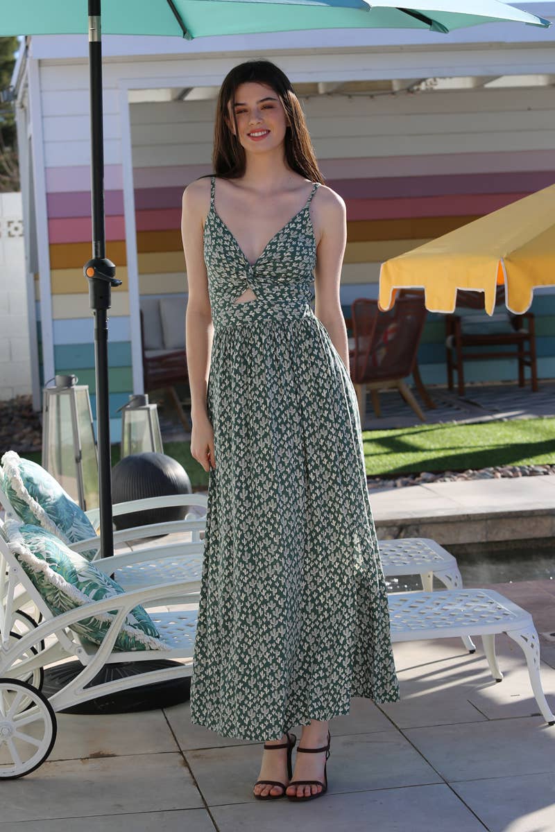 F4B48-W980 V NECK TWIST FRONT MAXI DRESS WITH CUTOUT
