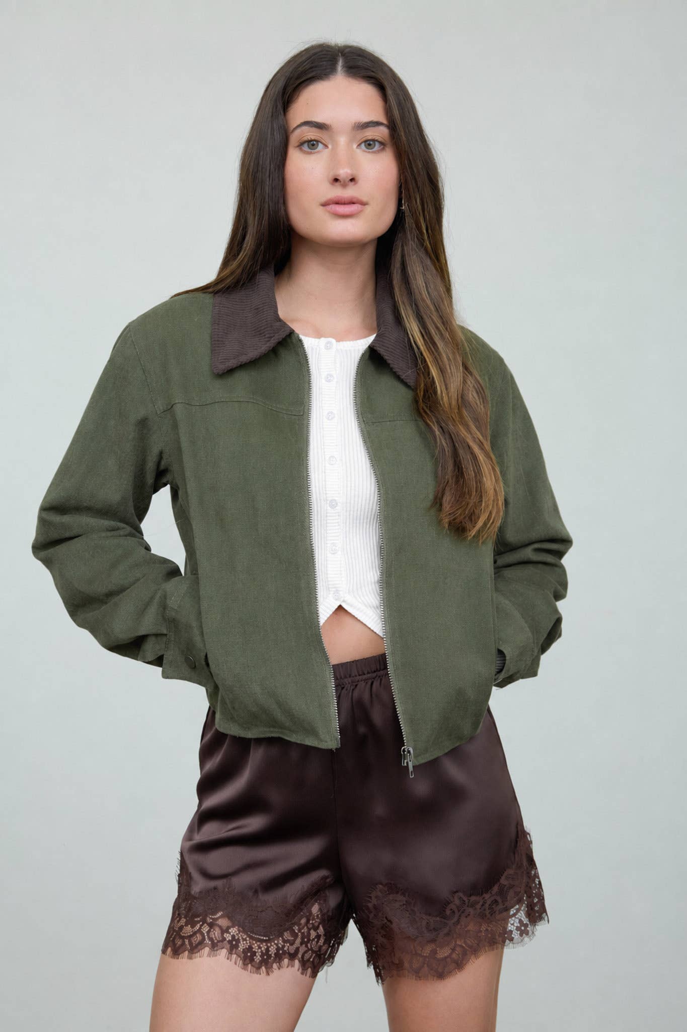 CONTRAST CORDUROY COLLAR ZIP-UP JACKET