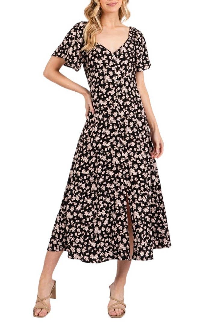 Ditzy Printed Princess Neckline Flare Sleeve Midi
