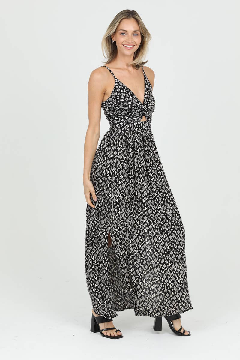 F4B48-W980 V NECK TWIST FRONT MAXI DRESS WITH CUTOUT
