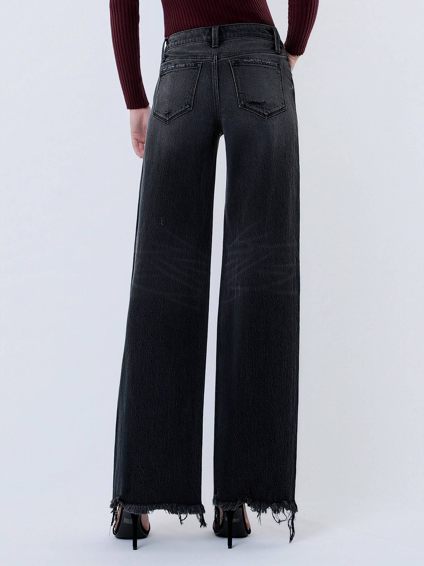 JANE MID RISE DISTRESSED HEM BLACK WIDE LEG  JEANS T7320BK