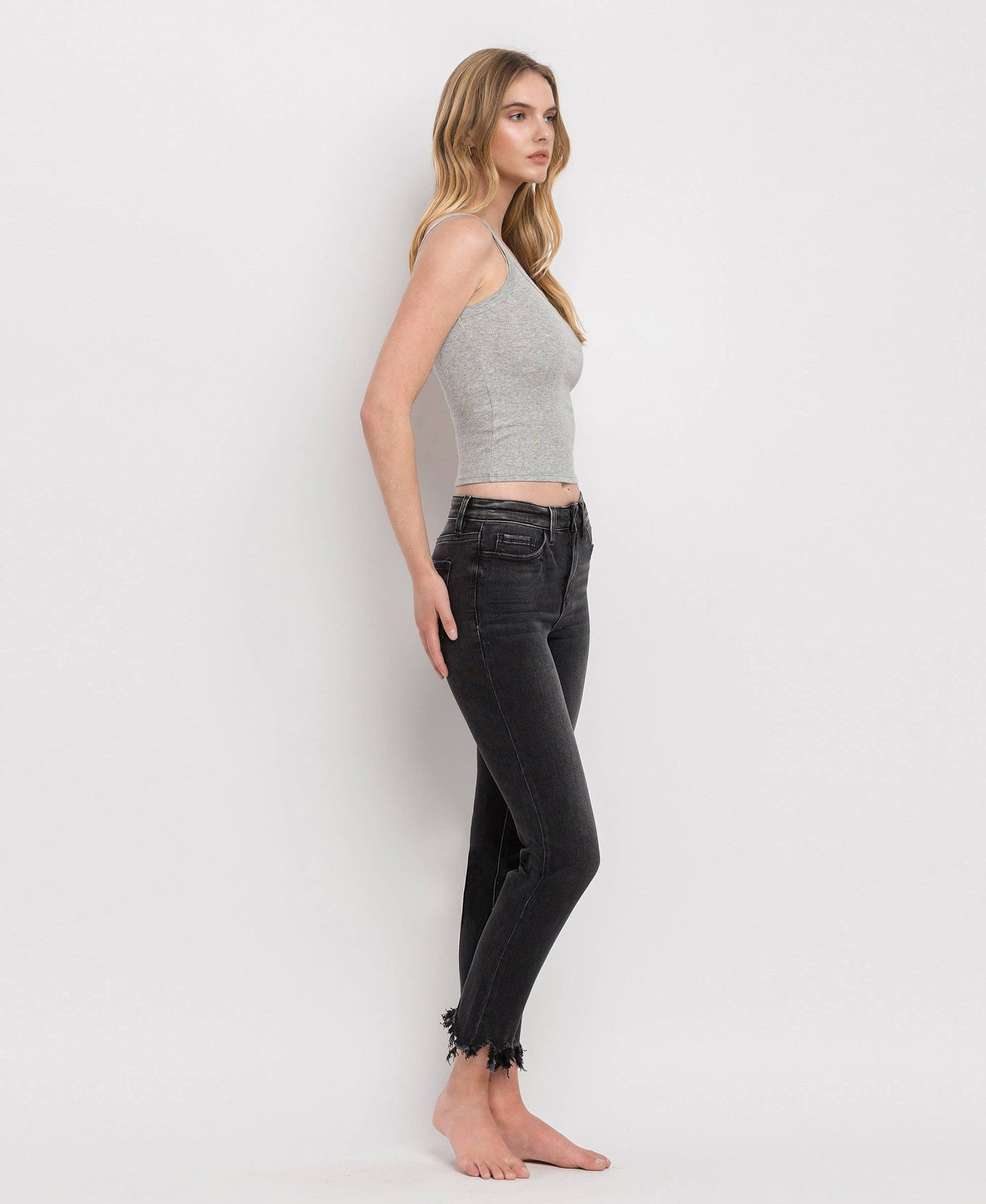 BLACK HIGH RISE DISTRESSED UNEVEN HEM SLIM STRAIGHT  JEANS