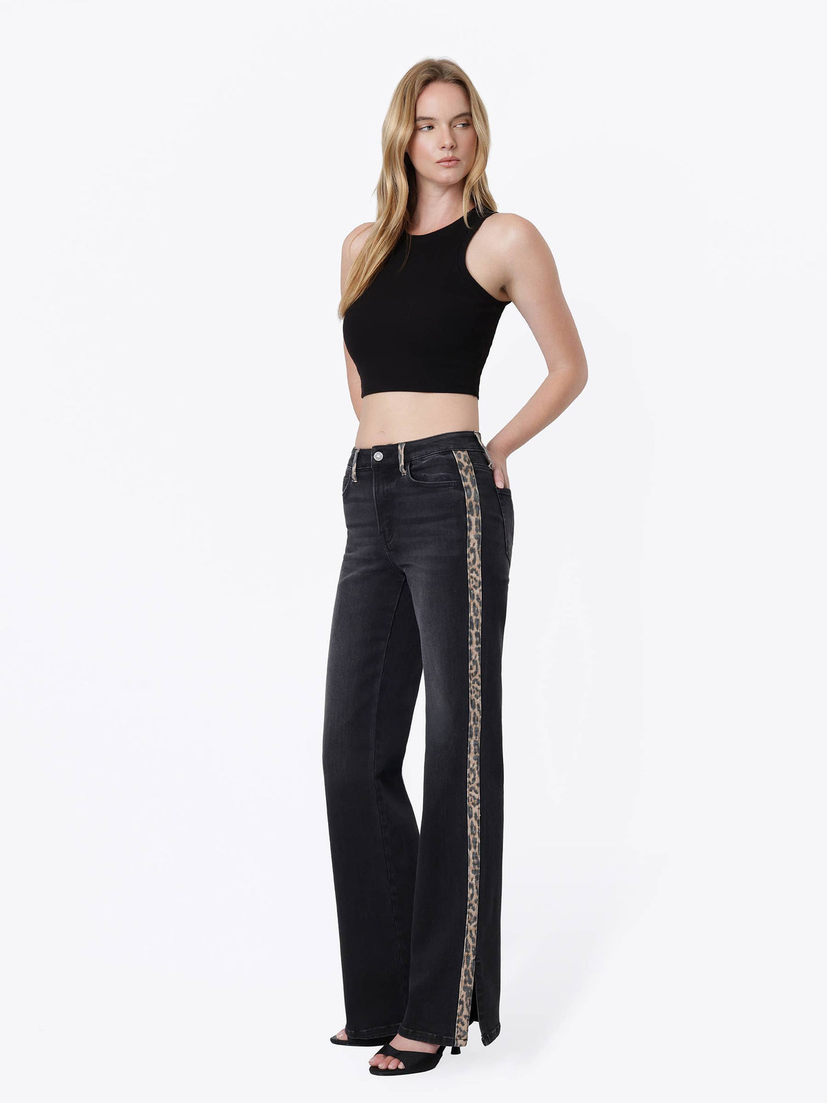 HIGH RISE SIDE LEOPARD STRIP VINTAGE FLARE JEANS T7595BKD