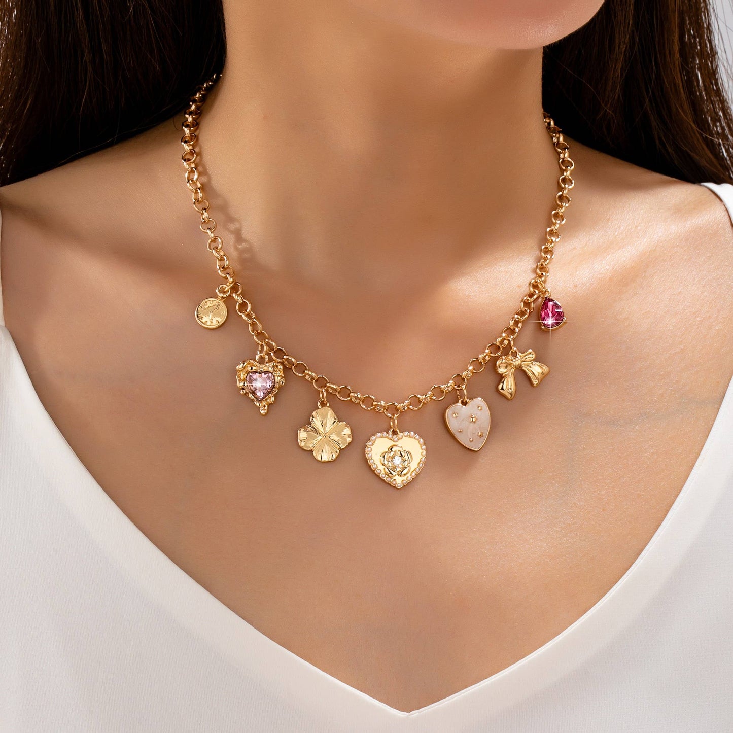 Vintage-Inspired Floral Heart Stone Charm Necklace| 80N93571