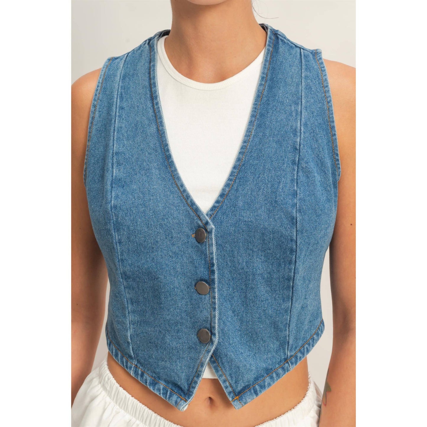V-Neck Sleeveless Denim Vest