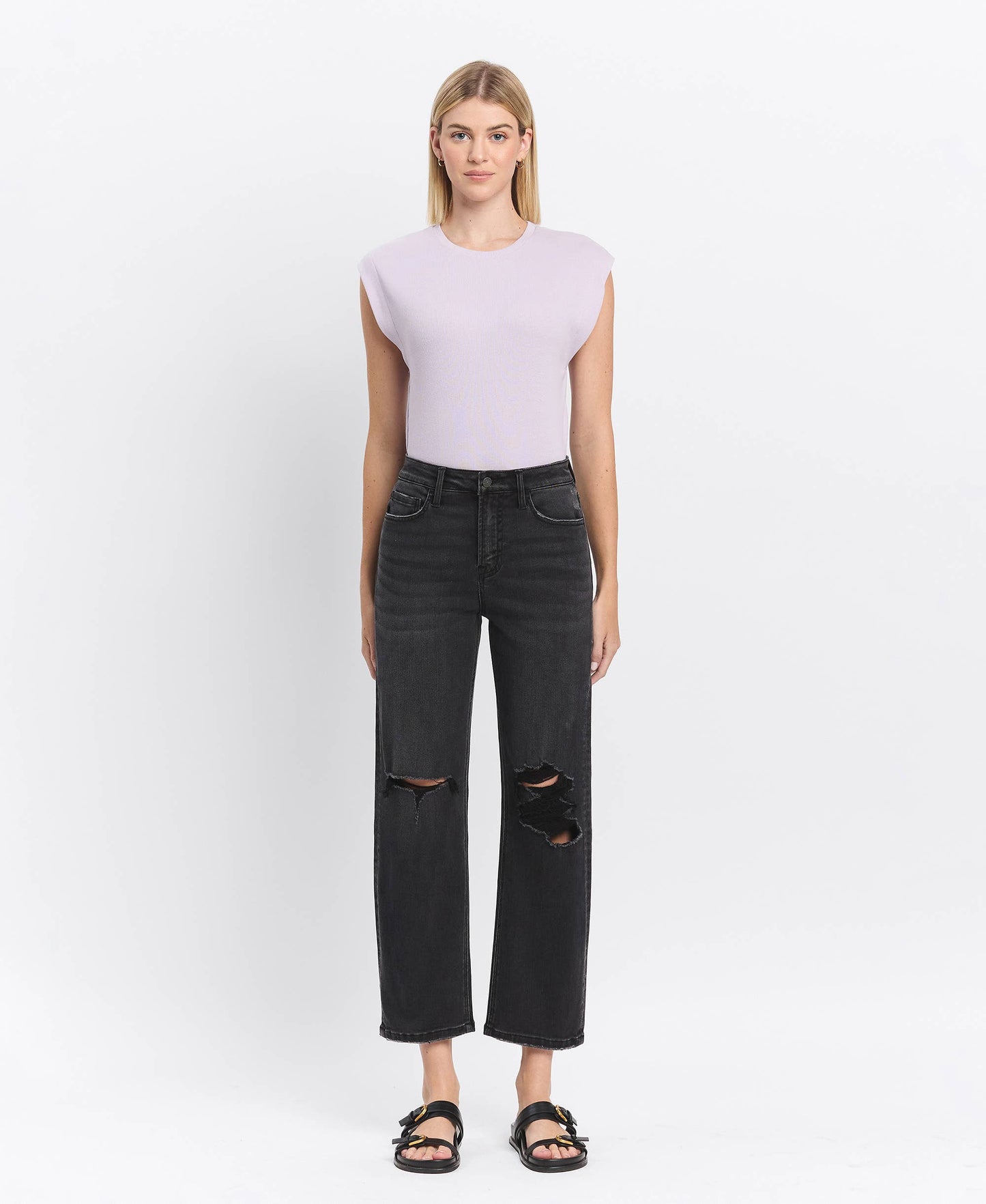 HIGH RISE DISTRESSED BLACK BARREL JEANS