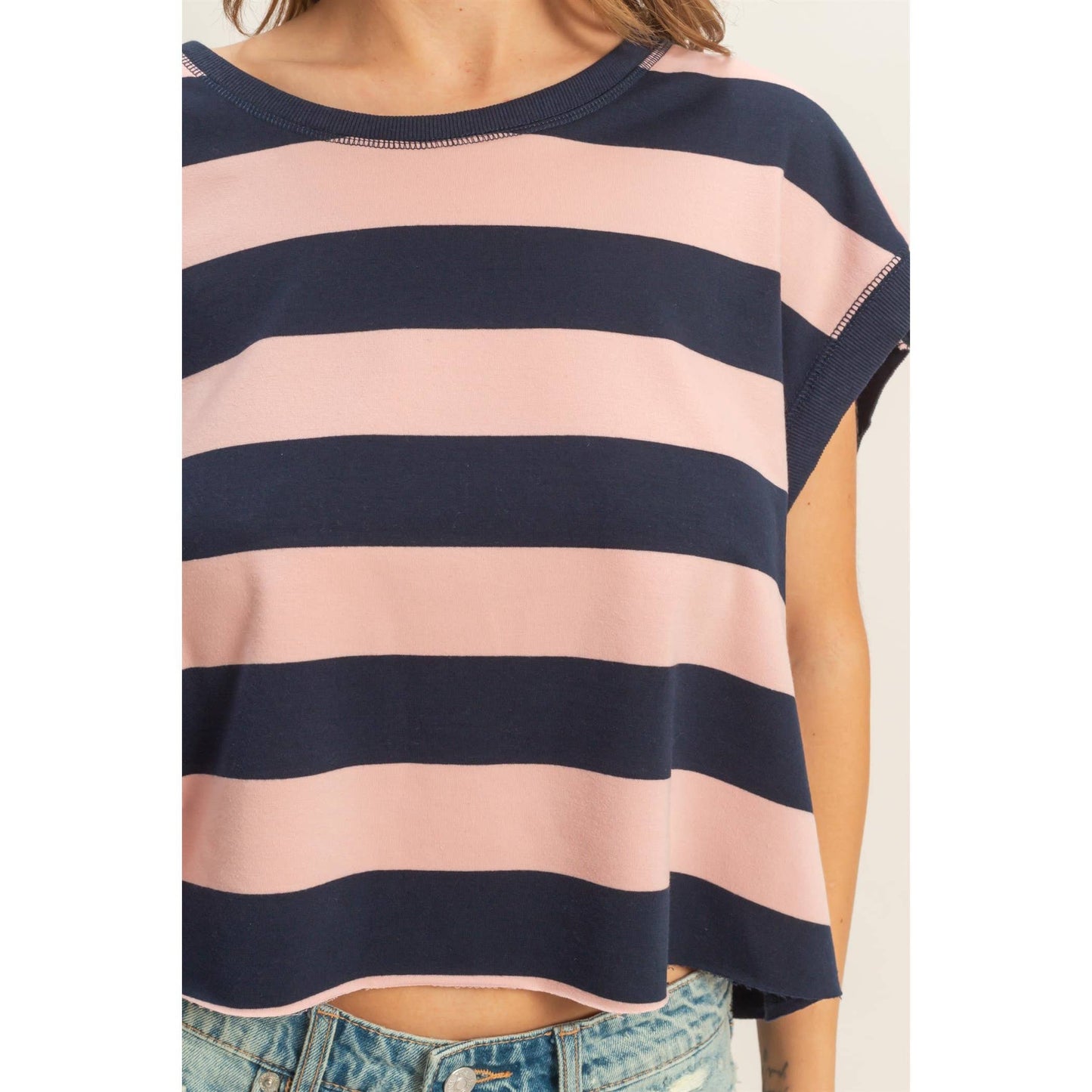 Striped open backCrew Neck Top