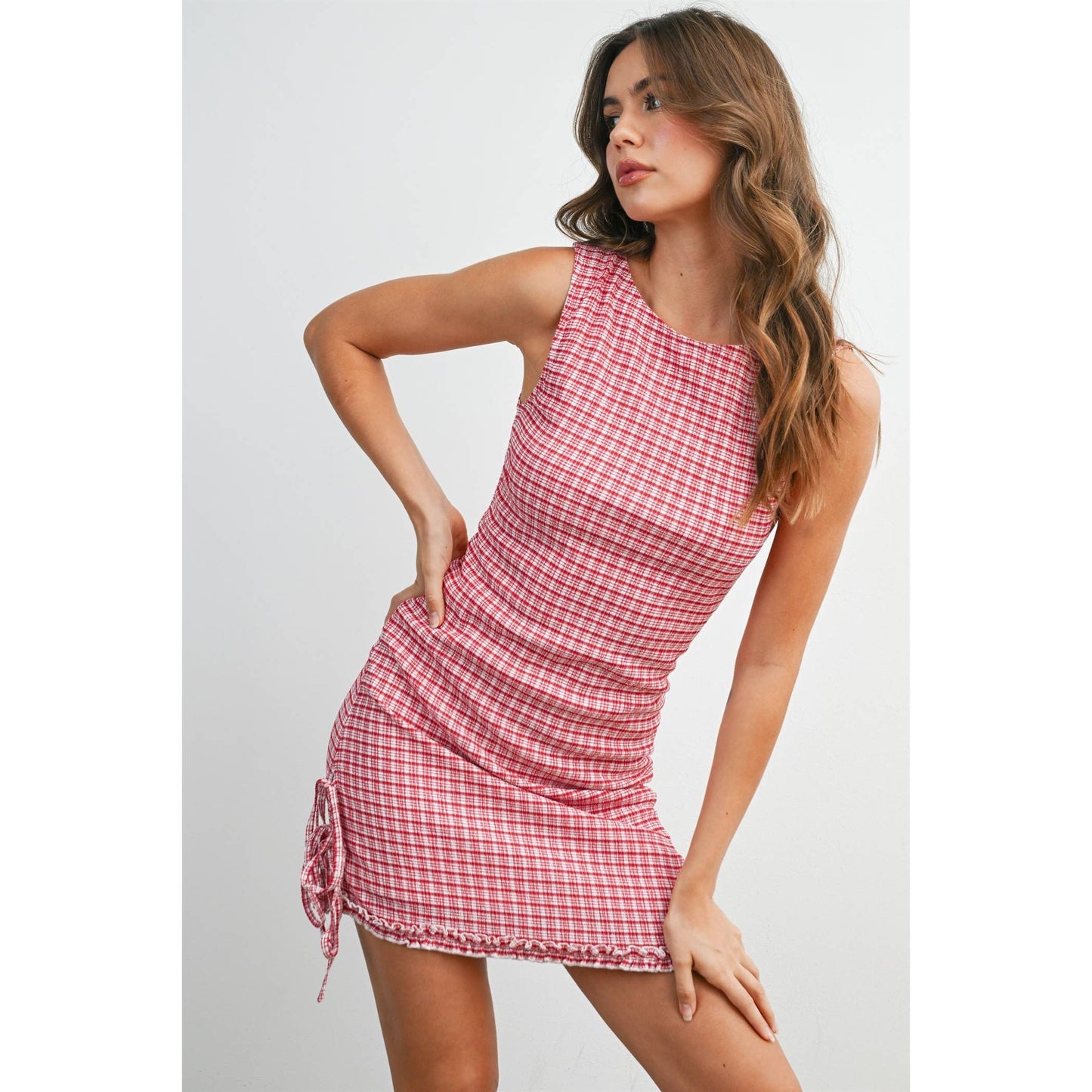 Red check mini dress