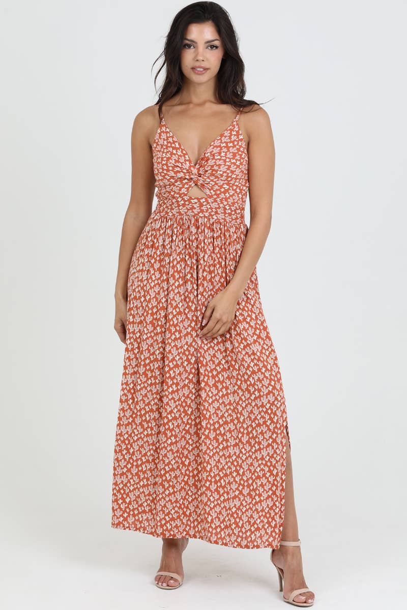 F4B48-W980 V NECK TWIST FRONT MAXI DRESS WITH CUTOUT
