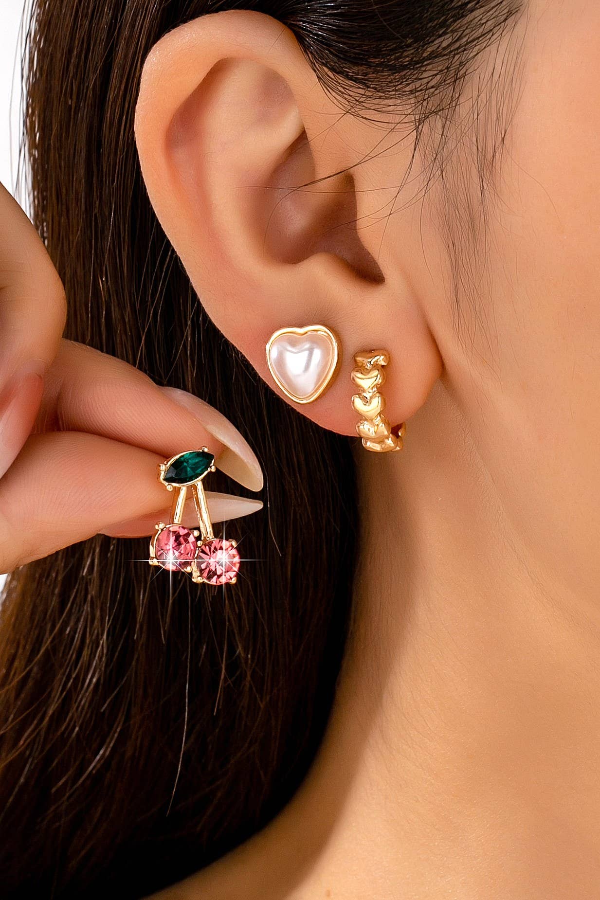 Trio Heart, Huggie, and Cherry Earring Set | 80E62473