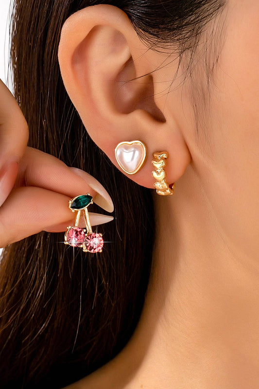 Trio Heart, Huggie, and Cherry Earring Set | 80E62473