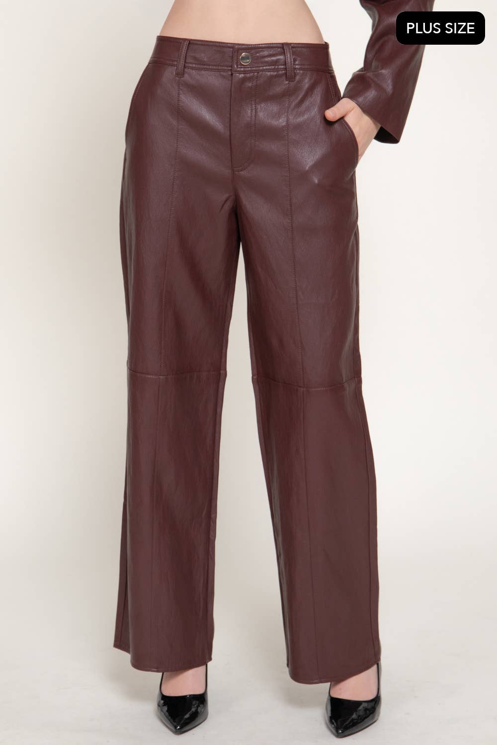 [PLUS SIZE] Straight Leg Texture Faux Leather Long Pants