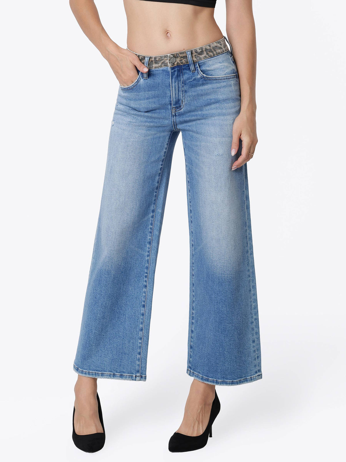 HIGH RISE LEOPARD PRINT WAISTBAND ANKLE WIDE JEANS T7630LPD